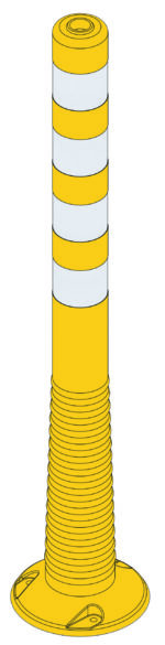Illustration of an MH-USA Flexi Delineator Post, featuring a yellow bollard with silver reflectors. It has a wide, ridged base and tapers gracefully to the top. Dimensions are 39.37 in. x 3.15 in. x 3.15 in., ensuring robust performance in various conditions.