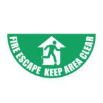 A green fire escape sign with a running person through a doorway graphic, encircled by FIRE ESCAPE KEEP AREA CLEAR, reminiscent of MH-USA Floor Graphic Markers - Half Circle - W.29.53 in., provides clear safety guidance.