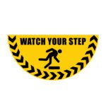 Yellow floor sign with black chevron border reads WATCH YOUR STEP, featuring MH-USA Floor Graphic Markers in a half-circle design (W.29.53 in.), depicting a stick figure slipping on a step to highlight caution and safety awareness.