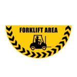 This yellow half-circle floor graphic marker, featuring black edge chevrons and a forklift driver silhouette, boldly displays FORKLIFT AREA to enhance safety and visibility in busy zones. Product: MH-USA Floor Graphic Markers - Half Circle - W.29.53 in.