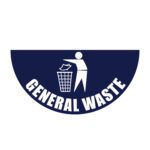 Part of the MH-USA Floor Graphic Markers, this semi-circular navy blue sign with a 29.53 in. width shows a white figure disposing trash into a bin and bold General Waste text for clear guidance on floors.