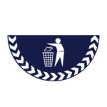 A white icon of a person throwing trash into a bin, enclosed in a semicircle with chevron patterns on the sides, is set against a dark blue background. Part of the MH-USA Floor Graphic Markers - Half Circle - W.29.53 in. collection, featuring the General Waste Symbol.