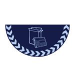 A semicircular navy blue design with a light blue cereal box and newspaper outline at its center resembles the Paper and Card Symbol, like the MH-USA Floor Graphic Markers - Half Circle - W.29.53 in., bordered by light blue chevron patterns.