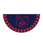 The MH-USA Floor Graphic Markers feature a half-circle design with red outlines of a plastic bag, container, and bottle on a navy background. Red chevron patterns decorate the curved edge of this symbol-rich marker measuring W.29.53 in.