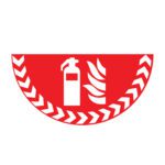 MH-USA Floor Graphic Markers feature a red semi-circle design with a white fire extinguisher and flames, outlined by chevron patterns at the bottom edge. With a width of 29.53 inches, they ensure visibility and effective communication in any space.