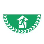 The MH-USA Floor Graphic Markers - Half Circle features a green semicircle displaying a white figure running toward an open doorway with a house-shaped roof. The border includes upward white arrows symbolizing the W.750mm Fire Exit Symbol.