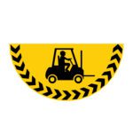 The MH-USA Floor Graphic Marker shows a black forklift silhouette on yellow, surrounded by half-circle black chevron arrows, measuring 29.53 inches in width for clear safety signage.