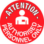The MH-USA Floor Graphic Marker, 16.93 inches in diameter, features a red circle with white text: Attention - Authorised Personnel Only and a white silhouette of a person at the center, ensuring clear visibility in restricted areas.