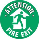 Green circular sign featuring a white arrow and running figure, labeled Attention on top and Fire Exit below. The MH-USA Floor Graphic Marker measures 16.93 inches in diameter.