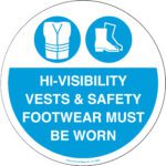 The MH-USA Floor Graphic Marker features a 16.93-inch blue circular sign with icons of a high-visibility vest and safety boots, stating HI-VISIBILITY VESTS & SAFETY FOOTWEAR MUST BE WORN.