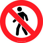 A red circle with a diagonal line crosses out a black silhouette of a walking person, signaling No Pedestrians, similar to the MH-USA Floor Graphic Markers Without Text, 16.93 in. in diameter.