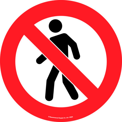 A red circle with a diagonal line crosses out a black silhouette of a walking person, signaling No Pedestrians, similar to the MH-USA Floor Graphic Markers Without Text, 16.93 in. in diameter.