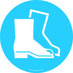 A white boot icon with a toe strap on a blue circular background features in our MH-USA Floor Graphic Markers Without Text. With a 16.93-inch diameter, it indicates the requirement for protective footwear or steel-toed boots.