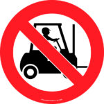 A red circle with a diagonal line crossing over a black forklift silhouette, representing no-entry for forklifts. This floor graphic, part of the MH-USA Floor Graphic Markers Without Text - No Forklift Trucks, measures 16.93 inches in diameter.