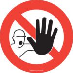 The MH-USA Floor Graphic Marker, with a 16.93-inch diameter, features a bold red circle with a diagonal line crossing over a person raising a hand, effectively conveying a warning or prohibition without using text.