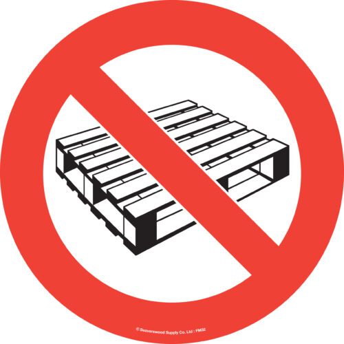 The MH-USA Floor Graphic Markers Without Text features a 16.93 in. dia. red circle with a diagonal line over a black and white pallet illustration, silently signaling No Pallets..