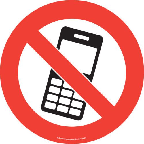A black mobile phone icon with a red prohibition circle and diagonal line is featured, like the MH-USA Floor Graphic Markers Without Text (16.93 in. dia.), clearly indicating No Mobile Phones allowed.