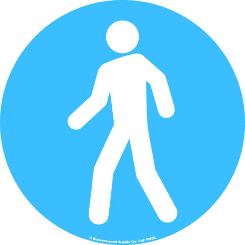 A depiction of a white walking man symbol on a blue circle, similar to the MH-USA Floor Graphic Markers Without Text - 16.93 in. dia., resembling typical crosswalk signs.