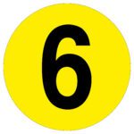 A bold black number 6 is featured prominently on a bright yellow circular background, styled as an MH-USA Floor Identification Marker with a 7.48 in. diameter.