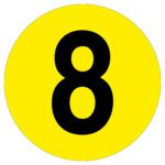 A large black number eight is centered on a vibrant yellow circle, similar to the MH-USA Floor Identification Marker - Number 8 with a 7.48-inch diameter.