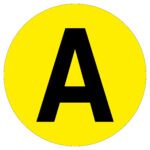 A large black letter A is centered inside a bright yellow circle, serving as the MH-USA Floor Identification Marker - Letter A. Its 7.48 in. diameter ensures clear visibility for effective floor marking.
