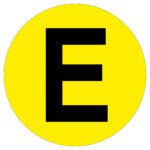 A large black E is centered on a bright yellow circle, resembling the MH-USA Floor Identification Marker - Letter E with a 7.48-inch diameter.