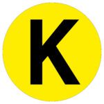 The MH-USA Floor Identification Marker features a bold black K centered on a bright yellow circular background, measuring 7.48 inches in diameter.