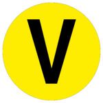 A bold black V is prominently displayed in the center of a bright yellow circle, evoking the MH-USA Floor Identification Marker. The striking design, with a diameter of 7.48 inches, commands attention.
