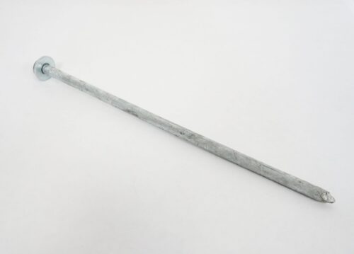 A TCT 12 Galvanized Spike and Washer, featuring a long metallic body with a pointed tip and round head, is positioned diagonally on a plain white background, providing reliable stability for outdoor activities.