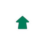 A green upward arrow (H.3.54 in. x W.3.54 in.) is centered on a white background, included in the MH-USA Floor Signals pack of 100.