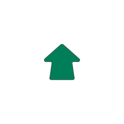 A green upward arrow (H.3.54 in. x W.3.54 in.) is centered on a white background, included in the MH-USA Floor Signals pack of 100.