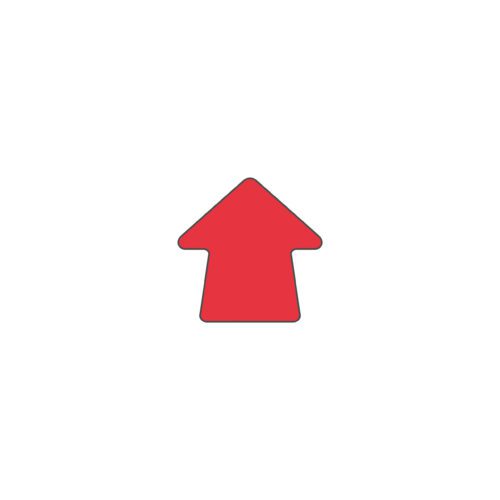 A solid red upward-pointing arrow centered on a white background with a black outline mirrors the MH-USA Floor Signals - Arrow - H.3.54 in. x W.3.54 in., available in packs of 100 for signaling needs.