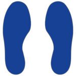Two blue, stylized footprints (H.11.81 in. x W.3.94 in.) face forward on a white background in the MH-USA Floor Signals pack of 10 (5 right, 5 left) with rounded heels and toes and an inward curve on the inner edges.