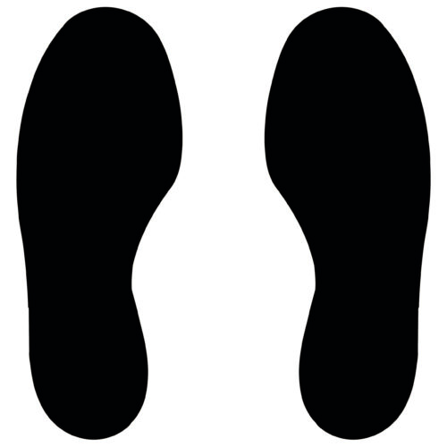 Silhouette of two black footprints, dimensioned H.11.81 in. x W.3.94 in., set side by side on a white background; ideal for MH-USA floor signals, sold as a pack of 10 (5 right, 5 left).
