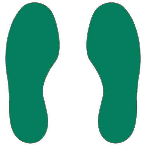 Illustration of MH-USA Floor Signals - Feet, showing two green shoeprints, each H.11.81 in. x W.3.94 in., on a white background. Sold in packs of 10 (5 right, 5 left), ideal for precise and stylish guidance.