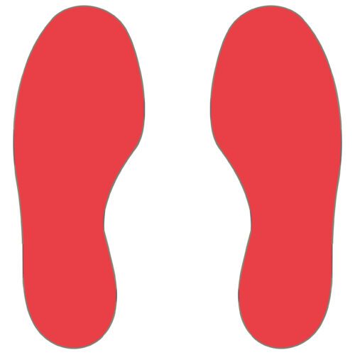 Illustration of two red footprints on a white background, toes up, emulating MH-USA Floor Signals - Feet in size H.11.81in x W.3.94in.
