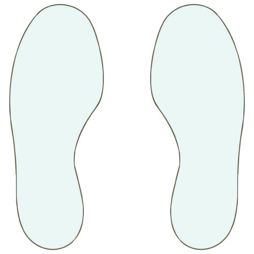 The MH-USA Floor Signals pack contains 10 stylized footprint illustrations (5 right, 5 left) on a light background, each in a slightly darker shade for visibility and measuring H.11.81 in x W.3.94 in for precise placement.