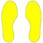 Two bright yellow shoe prints from the MH-USA Floor Signals pack of 10 (5 right, 5 left) are displayed side by side on a plain white background, each measuring H.11.81 in x W.3.94 in with symmetrical curves and rounded edges.