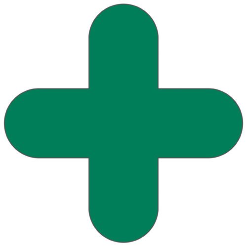 A green cross with rounded edges on a white background from the MH-USA Floor Signals series measures 11.81 inches by 11.81 inches and is available in a pack of 10.