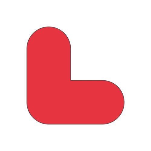 FSL-R.jpg A red L-shaped geometric figure with rounded edges on a white background, measuring H.7.87 in x W.7.87 in, is part of the MH-USA Floor Signals and is available in a convenient pack of 10.