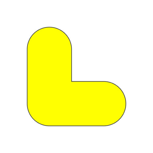 A vibrant yellow L-shaped figure against a white backdrop mimics the MH-USA Floor Signals, measuring 7.87 inches in height and width with rounded ends, resembling two connected circles forming a right angle, and is available in a pack of 10.