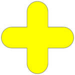 The MH-USA Floor Signals Pack of 10 features a yellow plus sign with rounded edges against a white background, measuring 11.81 inches by 11.81 inches, ensuring clear visibility and safety in any space.