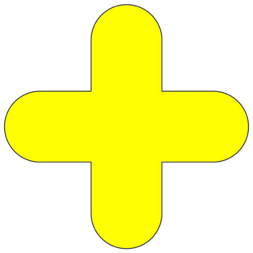 The MH-USA Floor Signals Pack of 10 features a yellow plus sign with rounded edges against a white background, measuring 11.81 inches by 11.81 inches, ensuring clear visibility and safety in any space.