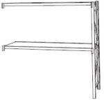 A simple line drawing of a two-tiered shelf with metal frames and flat surfaces, shown from a side angle.