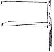 A simple line drawing of a two-tiered shelf with metal frames and flat surfaces, shown from a side angle.