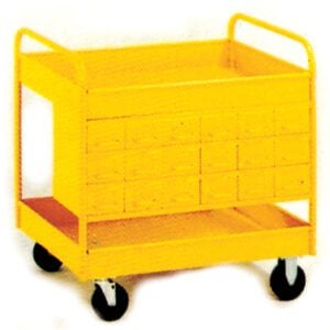 A yellow industrial cart with four wheels and a flat top surface. It has several small drawers on one side and an open shelf at the bottom.