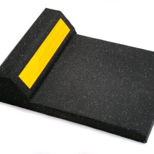 The TCT Garage Stop w/ Reflective Stripe is a black rubber curb with a textured, sloped surface and raised edge, featuring a bright yellow reflective stripe on top for visibility to prevent vehicles from rolling past the parking area.