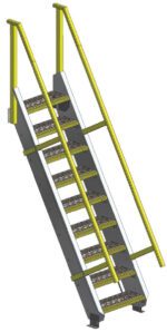 Illustration of a metal staircase with perforated steps, featuring yellow handrails on both sides. With a steep angle, these stairs are designed for industrial use and integrate seamlessly with customizable shelving systems for efficient workspace organization.