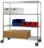 Metal shelving unit on wheels designed for warehouse efficiency improvements, featuring four shelves: the top holds two white boxes, middle shelves house blue and red storage bins, and the bottom accommodates two brown cardboard boxes. Ideal for streamlined organization.