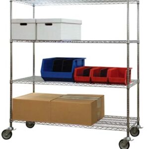 Metal shelving unit on wheels designed for warehouse efficiency improvements, featuring four shelves: the top holds two white boxes, middle shelves house blue and red storage bins, and the bottom accommodates two brown cardboard boxes. Ideal for streamlined organization.